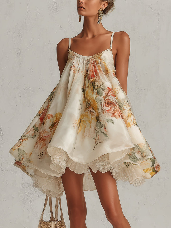 Sophie | Beige Floral Satin Trapeze Mini Dress with Lace Trim