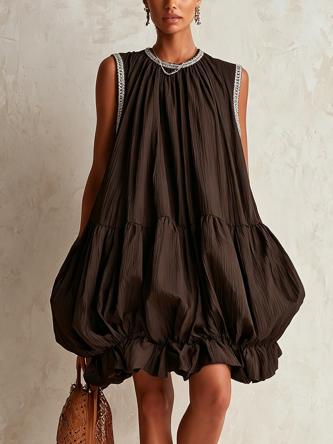 Thea | Sleeveless Brown Mini Dress with Puff Hem