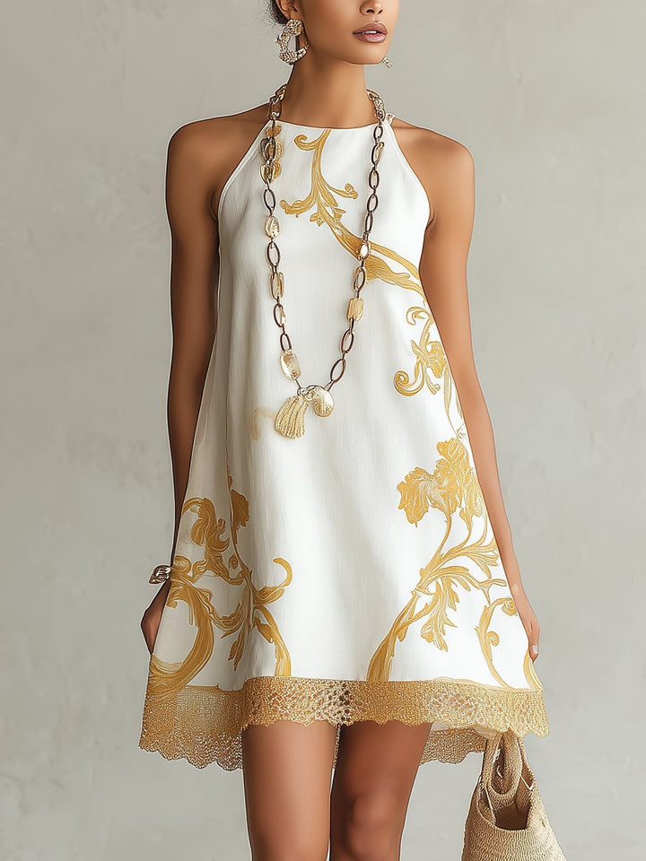 Ava | White Lace Mini Dress with Gold Motifs
