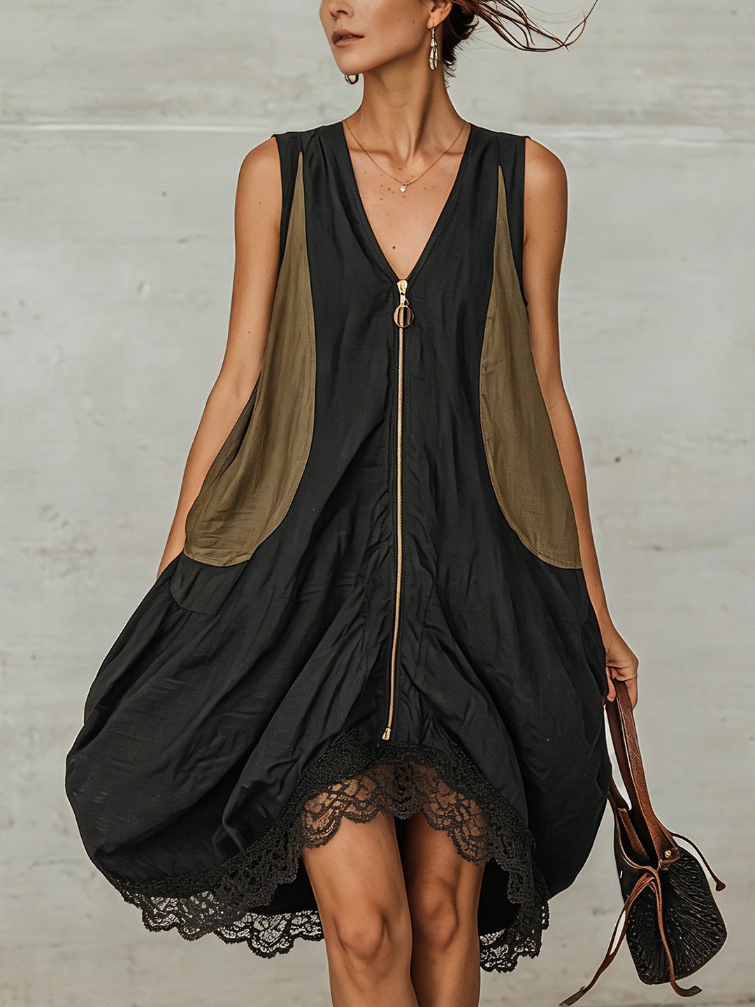 Nora | Tulip Mini Dress with Front Zip and Colorblock Detail