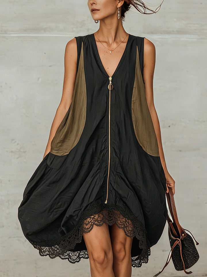 Nora | Tulip Mini Dress with Front Zip and Colorblock Detail
