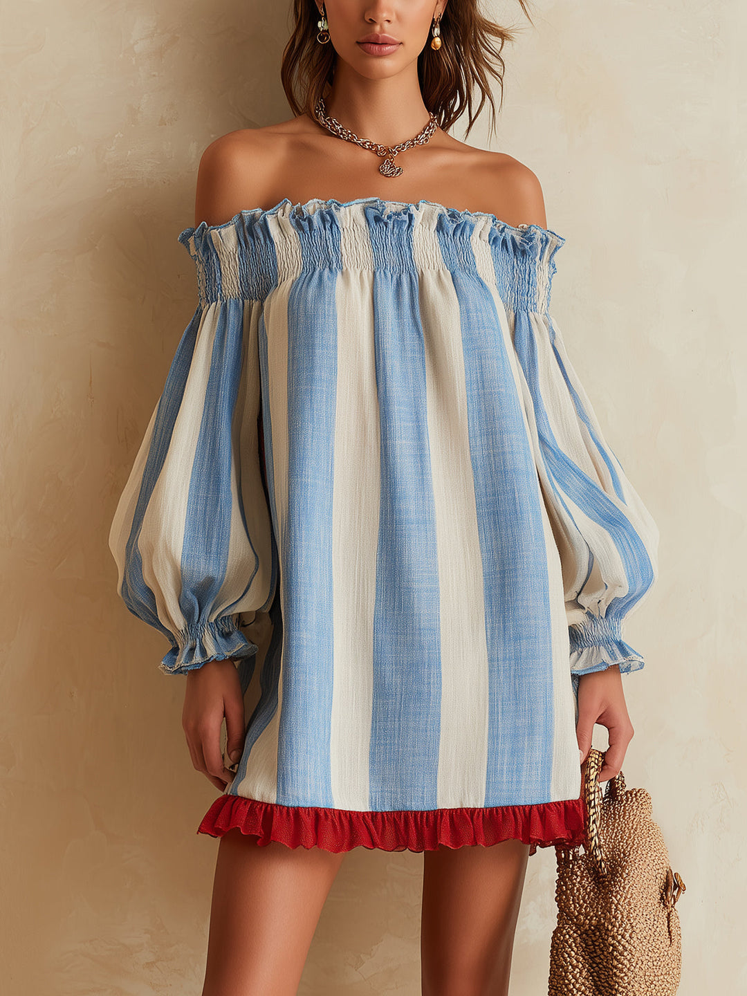 Iris | Blue and White Striped Off-Shoulder Mini Dress with Contrast Hem