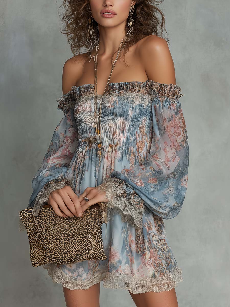 Elsie | Gathered Satin Off-Shoulder Mini Dress with Romantic Florals