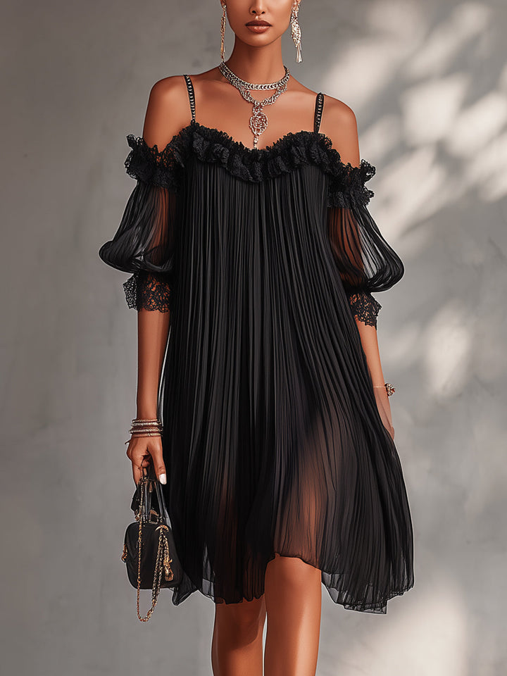 Ottavia | Black Chiffon Mini Dress with Open Shoulders and Lace Trim