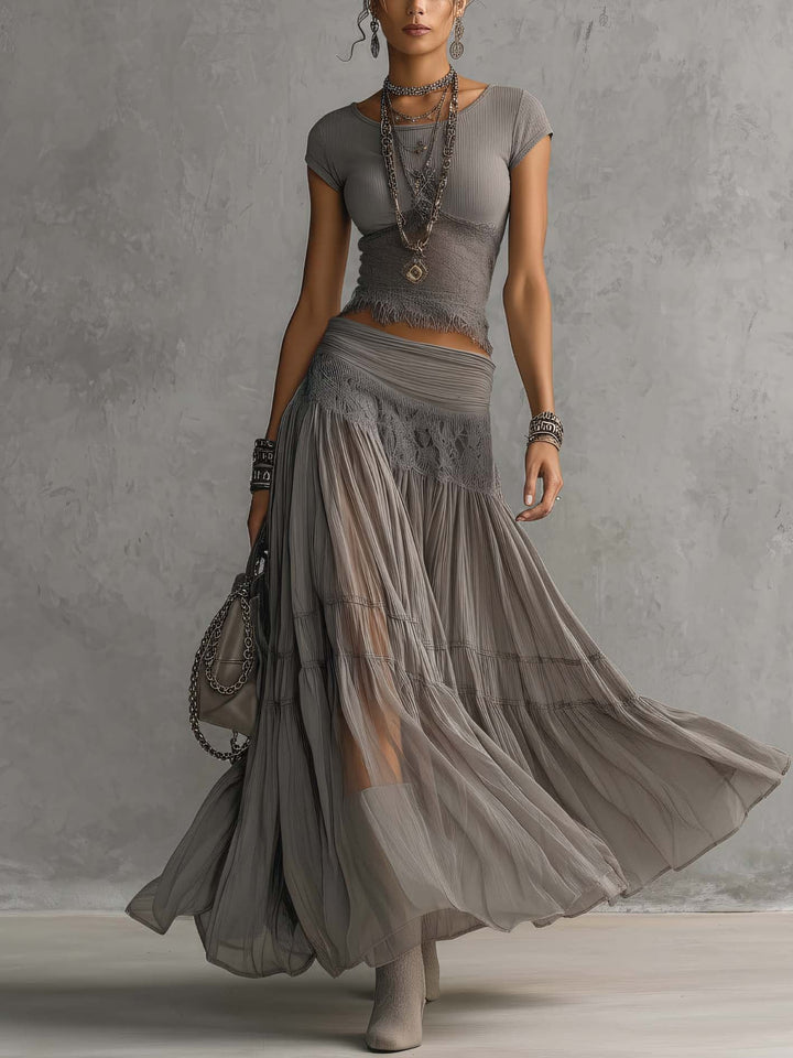 Grisandra | Grey Lace Skirt Set