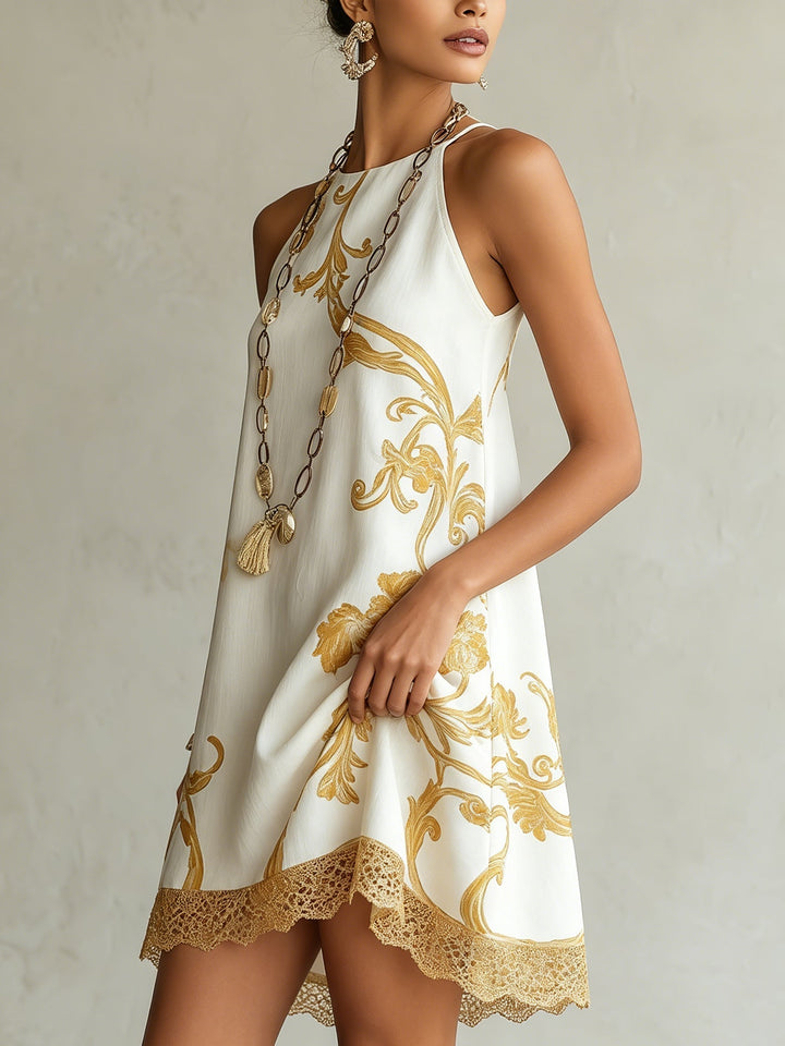 Ava | White Lace Mini Dress with Gold Motifs