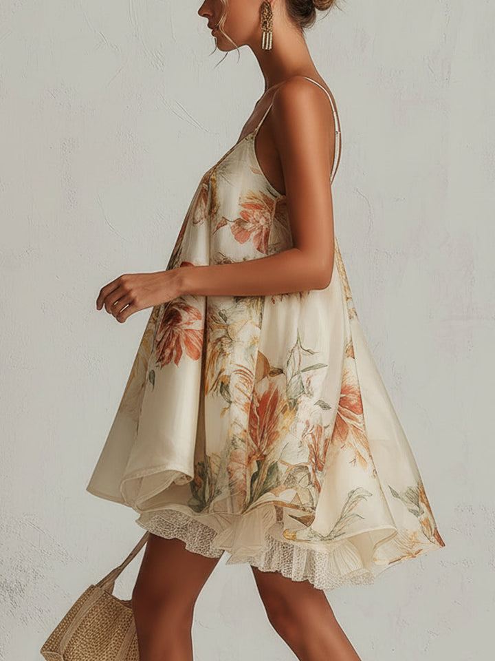 Sophie | Beige Floral Satin Trapeze Mini Dress with Lace Trim