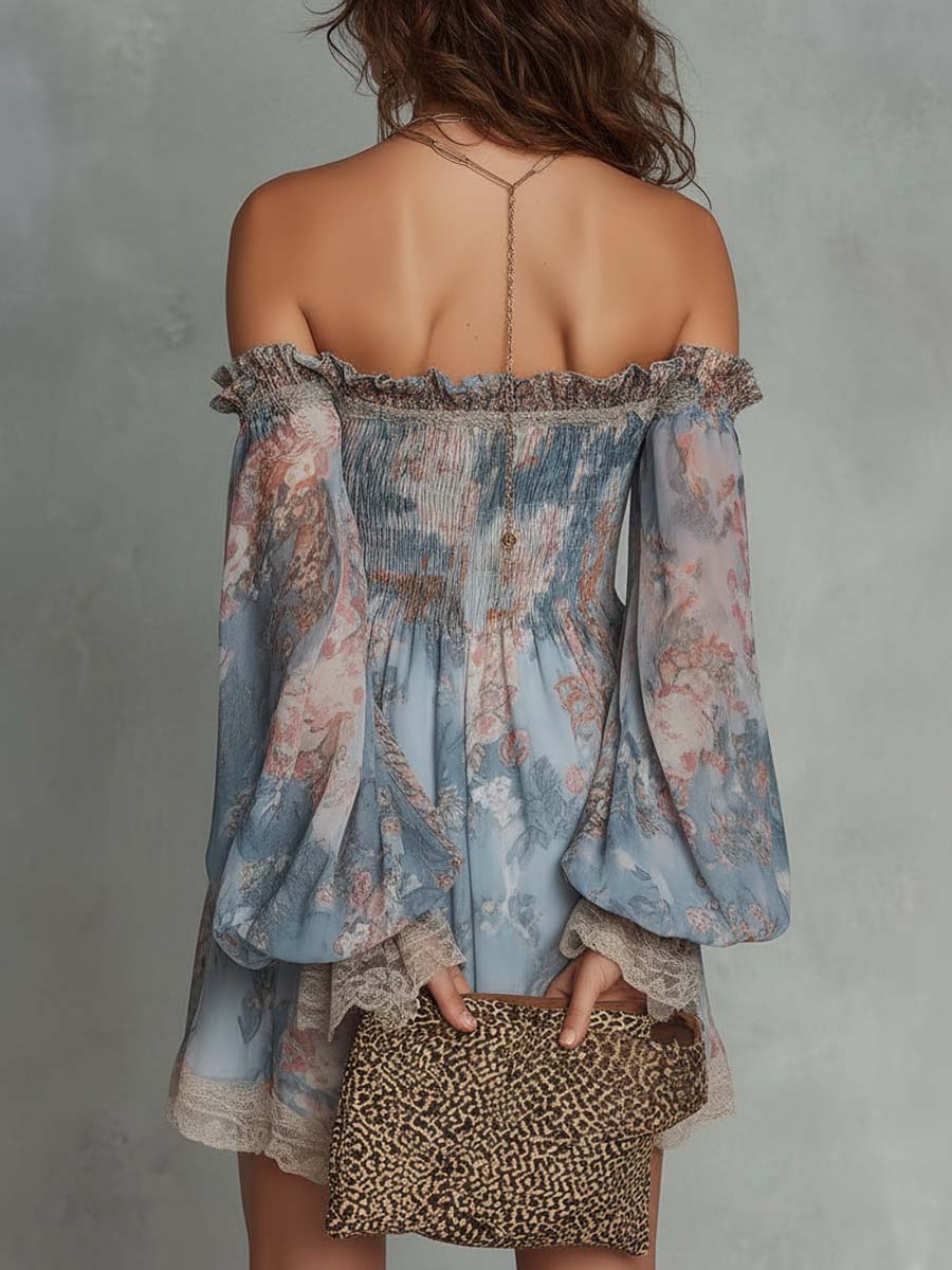 Elsie | Gathered Satin Off-Shoulder Mini Dress with Romantic Florals