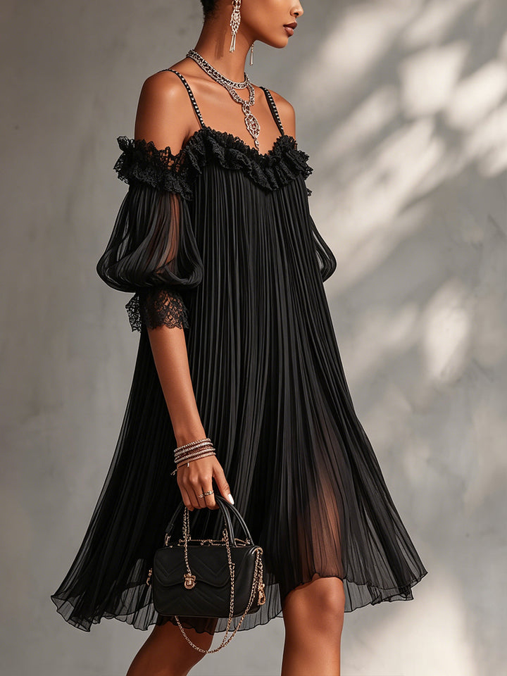 Ottavia | Black Chiffon Mini Dress with Open Shoulders and Lace Trim