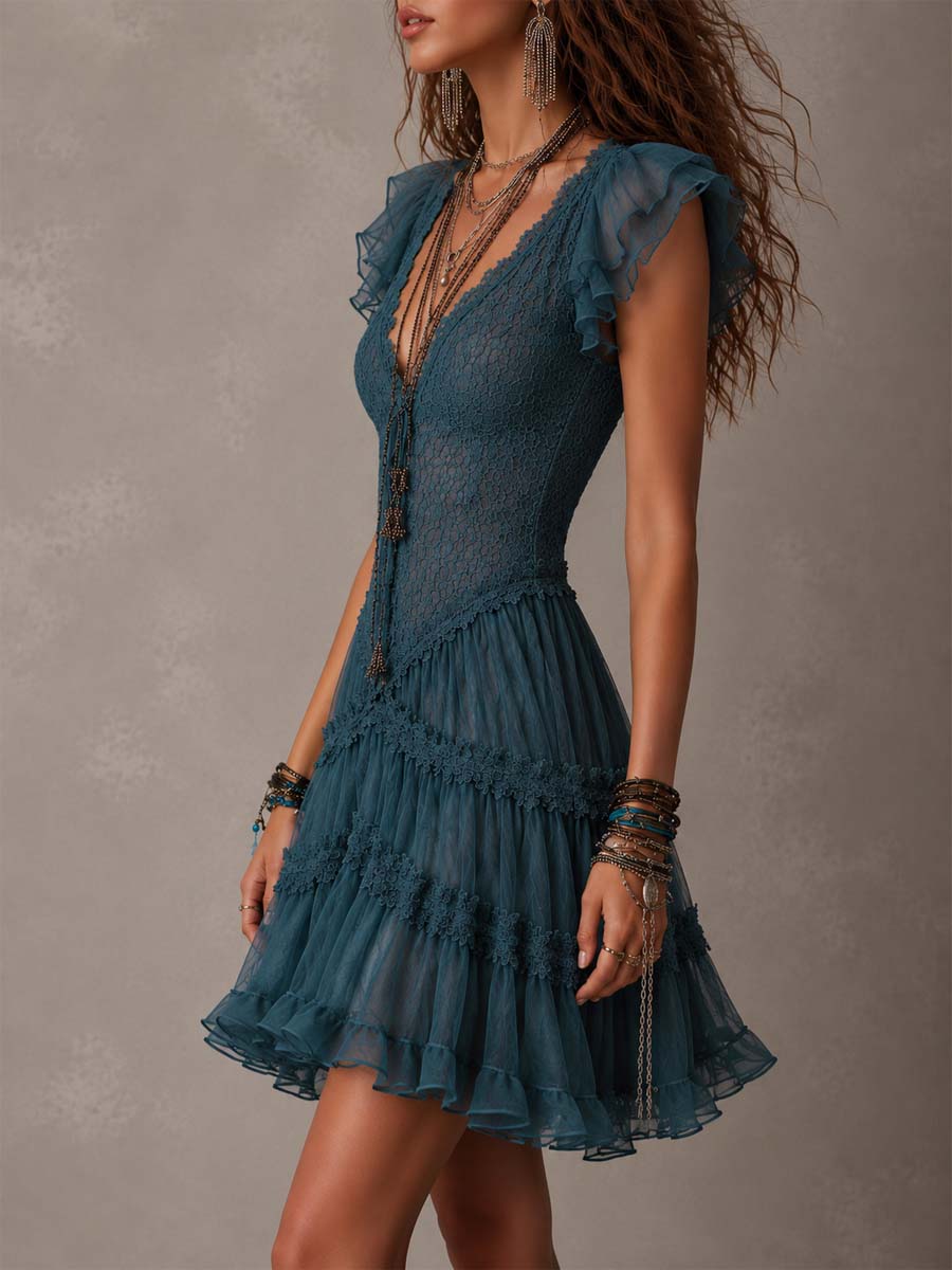 Josie | Ruffled Lace and Satin Mini Dress in Retro Blue