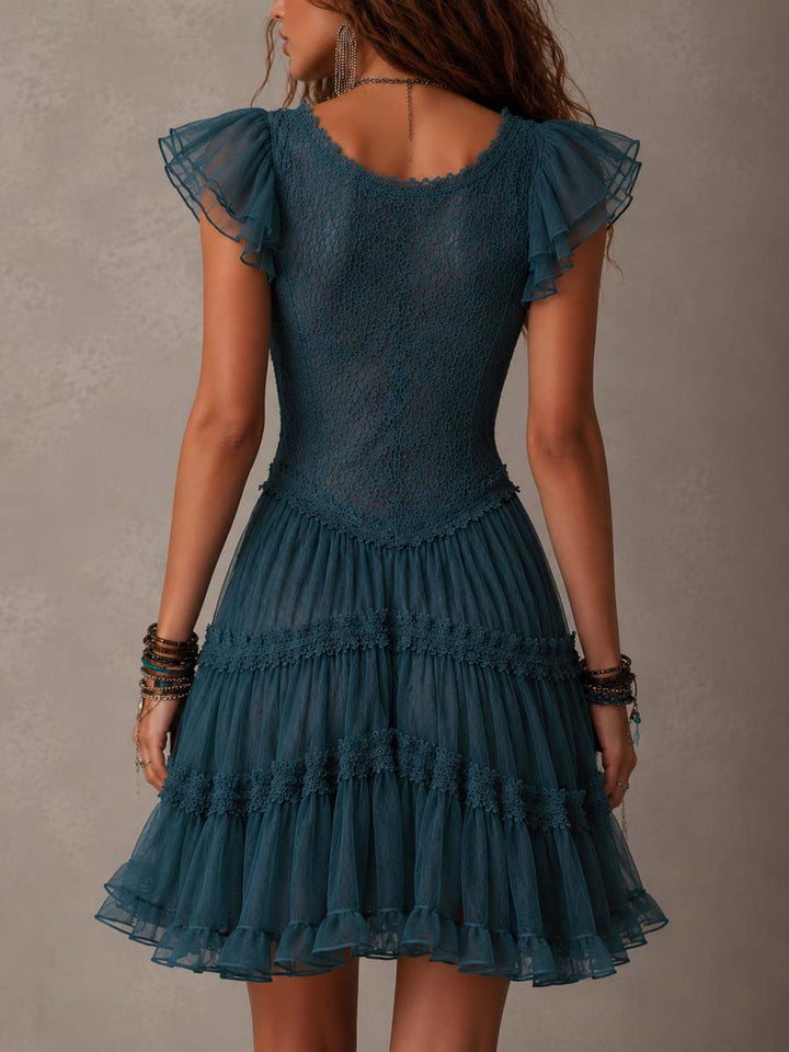 Josie | Ruffled Lace and Satin Mini Dress in Retro Blue
