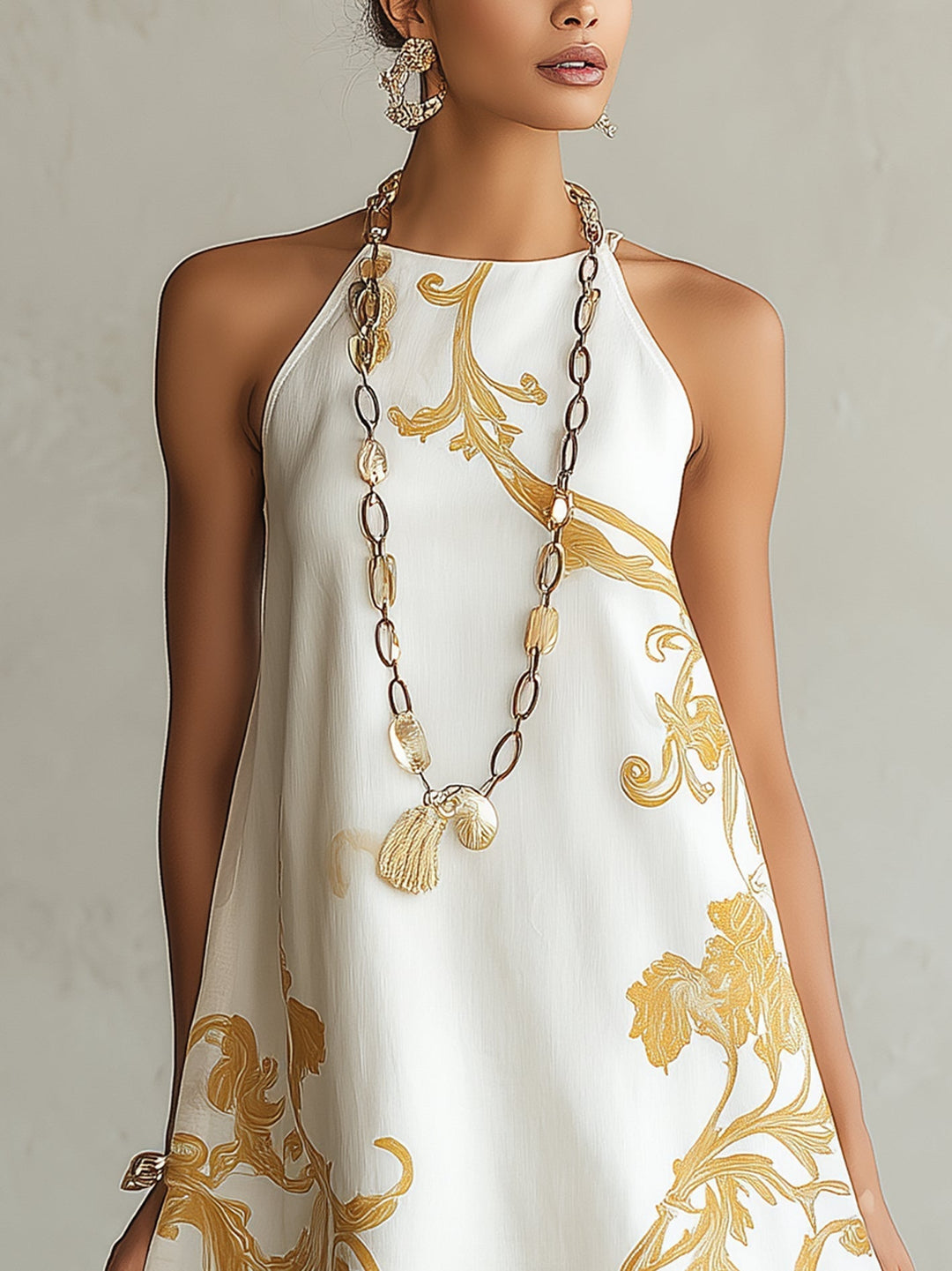 Ava | White Lace Mini Dress with Gold Motifs