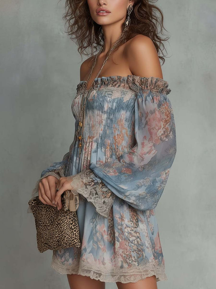 Elsie | Gathered Satin Off-Shoulder Mini Dress with Romantic Florals