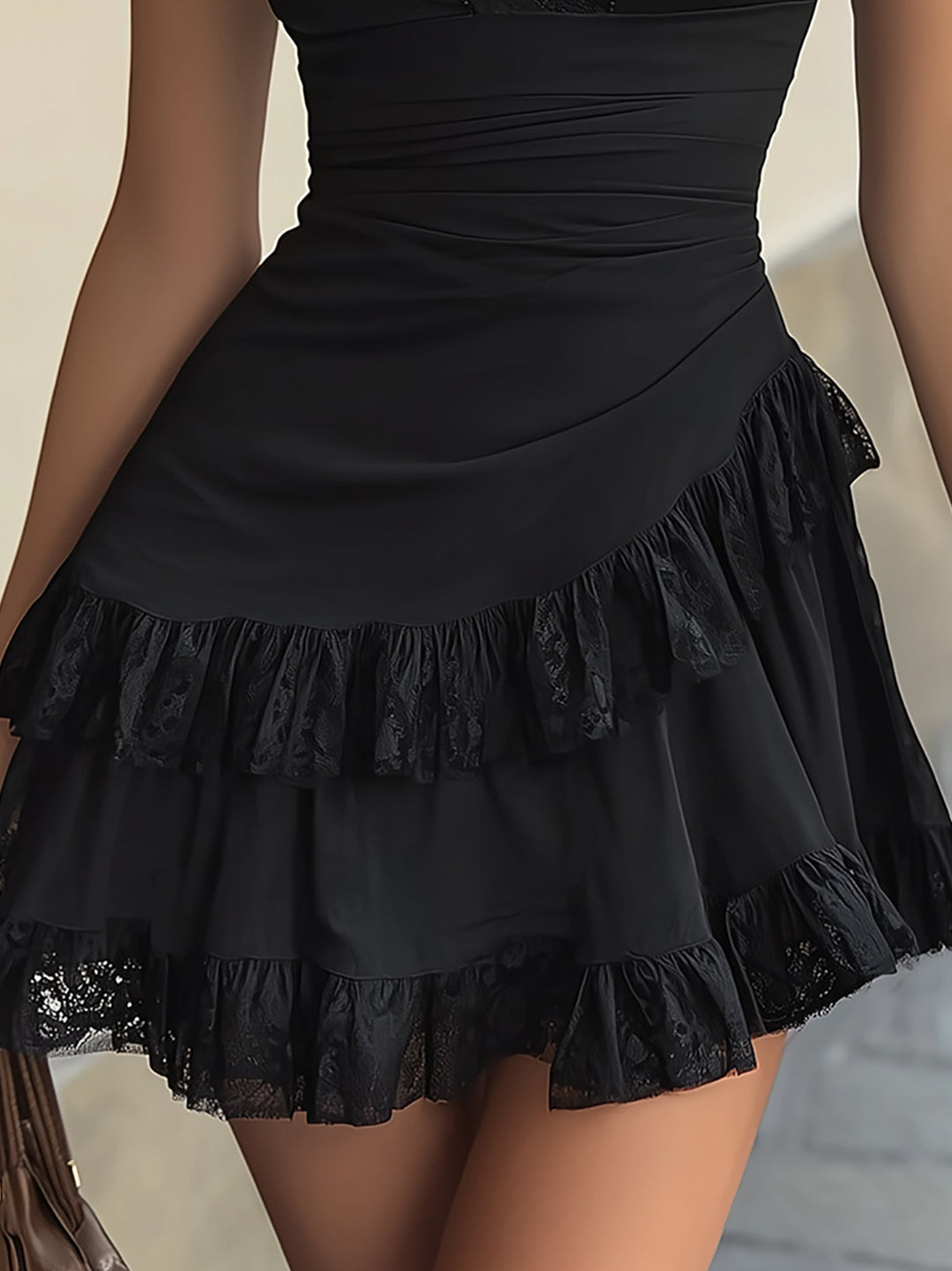 Aria | Black Lace Ruffle Mini Dress with V-Neck