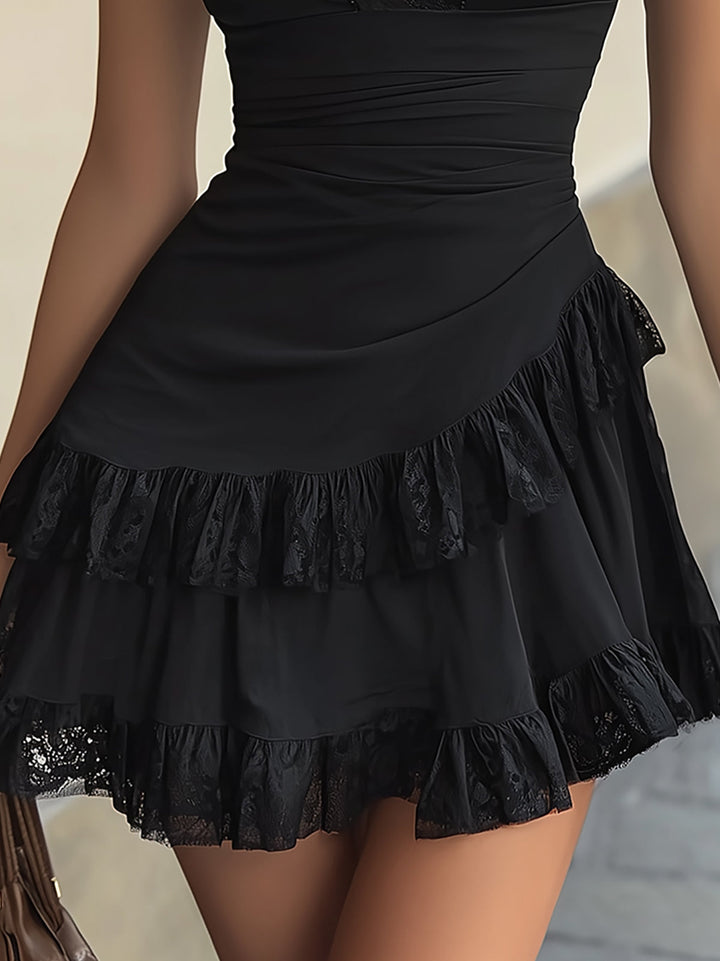 Aria | Black Lace Ruffle Mini Dress with V-Neck