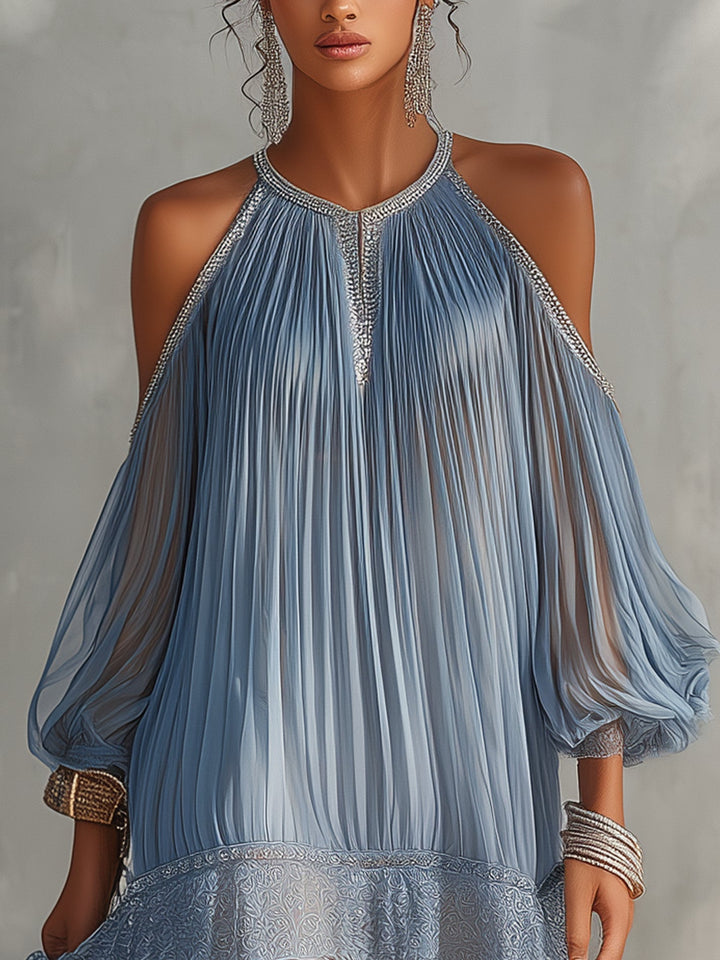 Amelia | Blue Ruched Off-Shoulder Mini Dress with Lace Hem
