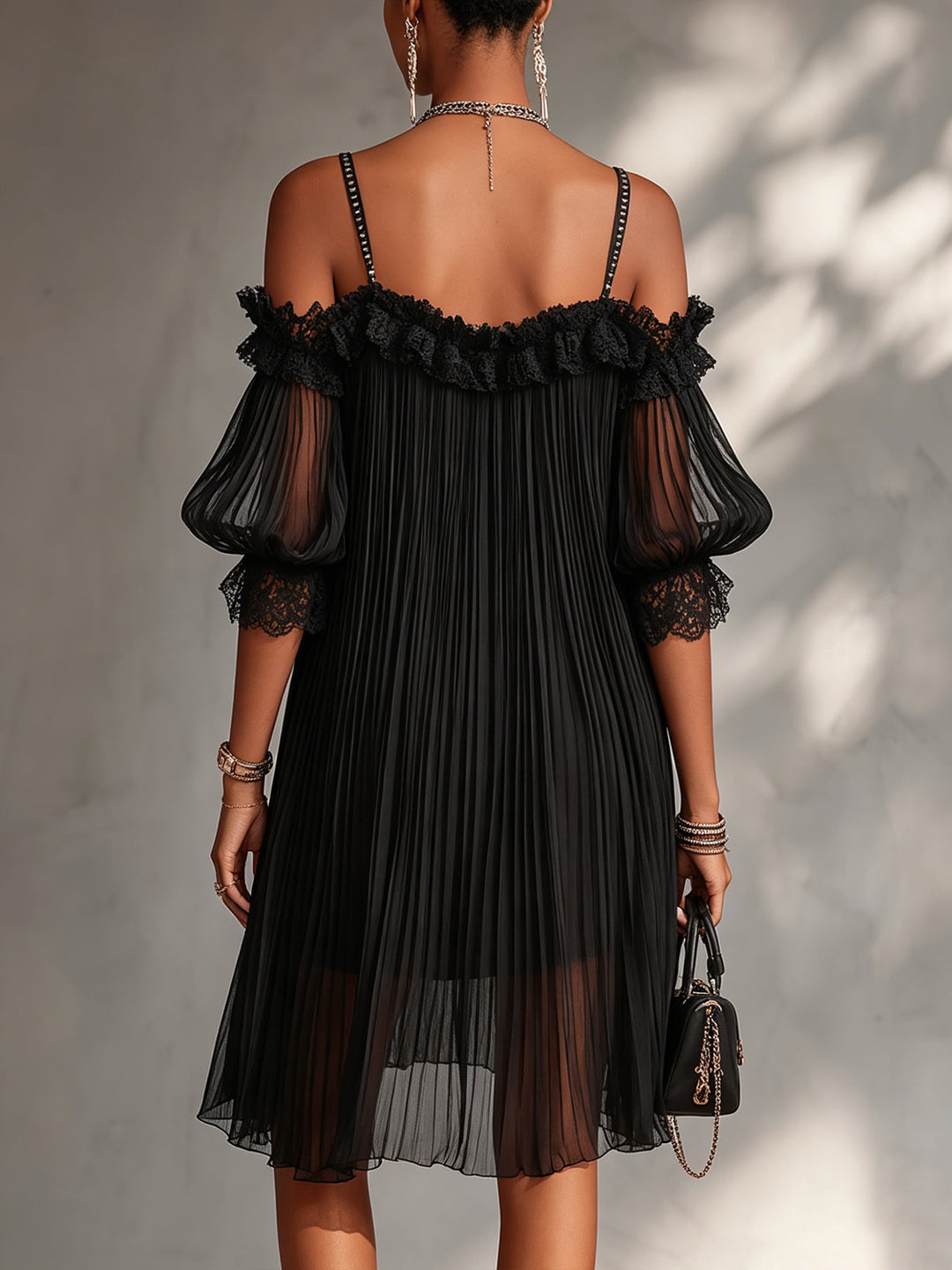 Ottavia | Black Chiffon Mini Dress with Open Shoulders and Lace Trim