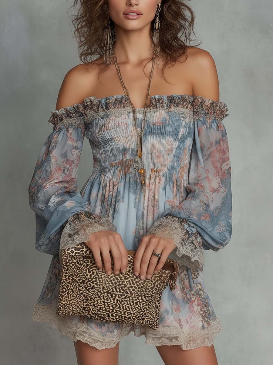 Elsie | Gathered Satin Off-Shoulder Mini Dress with Romantic Florals