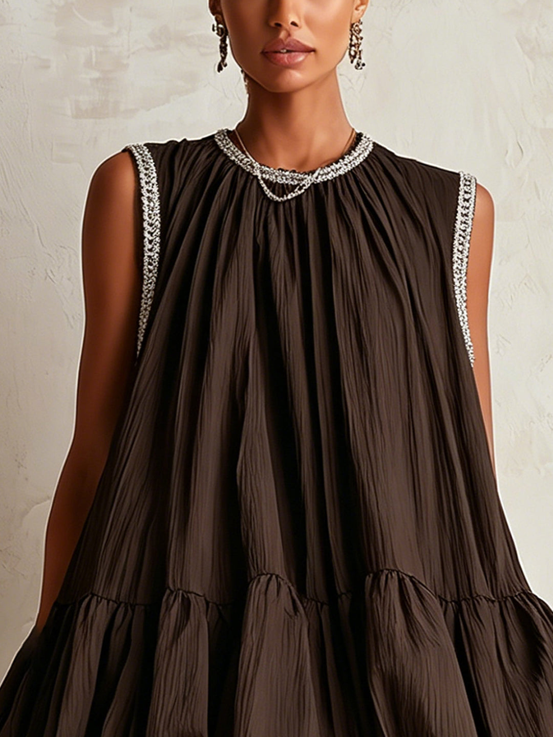 Thea | Sleeveless Brown Mini Dress with Puff Hem