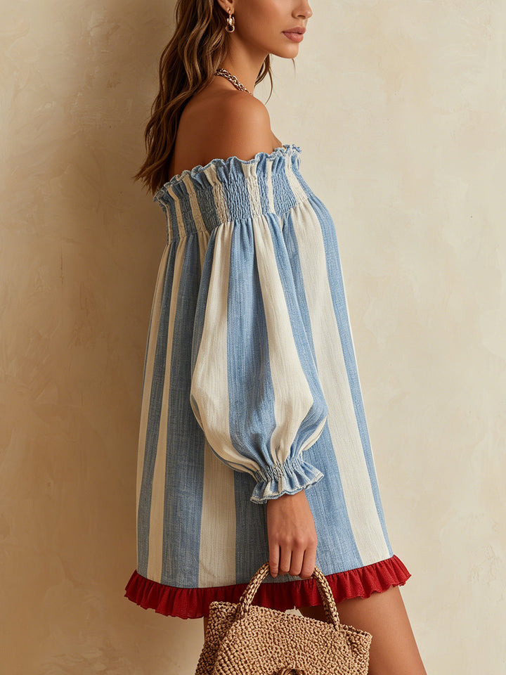 Iris | Blue and White Striped Off-Shoulder Mini Dress with Contrast Hem