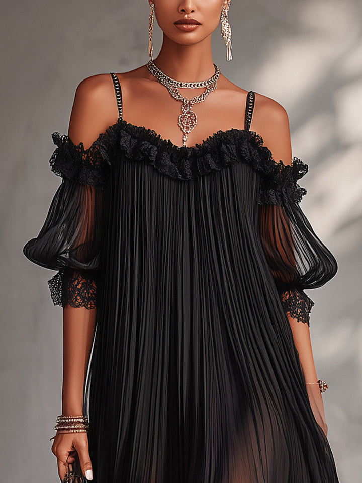 Olivia | Black Satin Off-Shoulder Mini Dress with Lace Trim