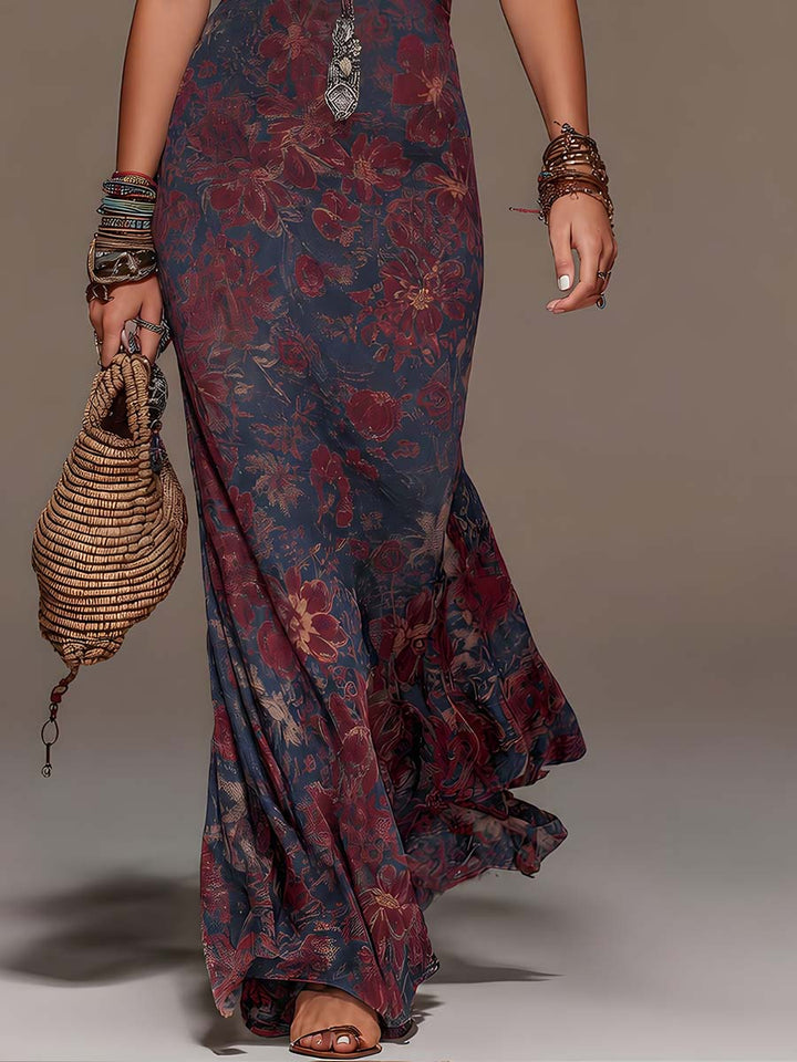 Lavinia | Mermaid Maxi Dress with Halter Lace Neckline and Floral Print