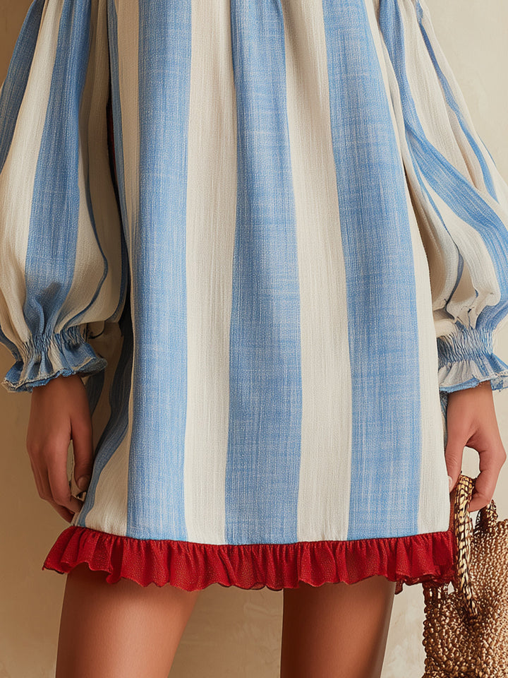 Iris | Blue and White Striped Off-Shoulder Mini Dress with Contrast Hem