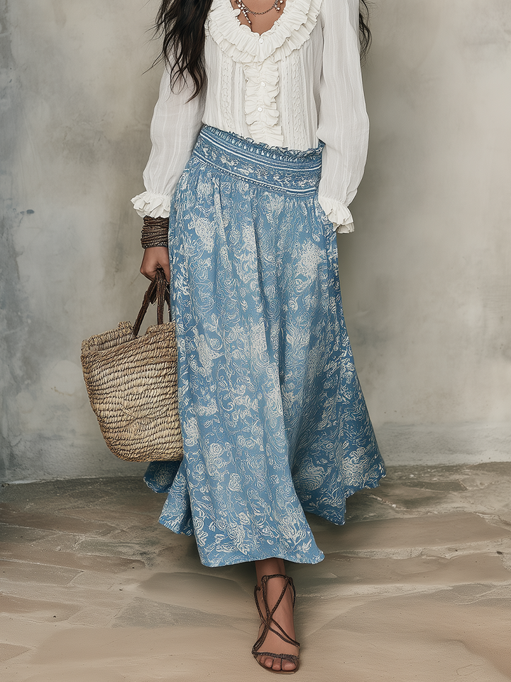 Tess | White Ruffled Shirt And Blue Jacquard