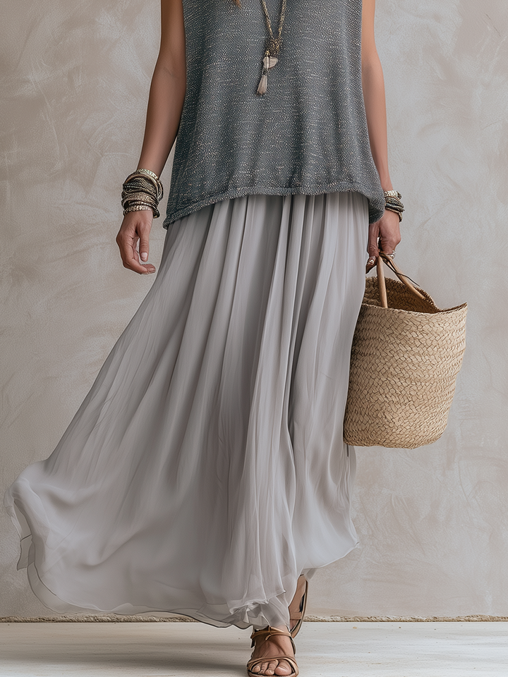 Luna | Gray Knit Top And Chiffon Skirt
