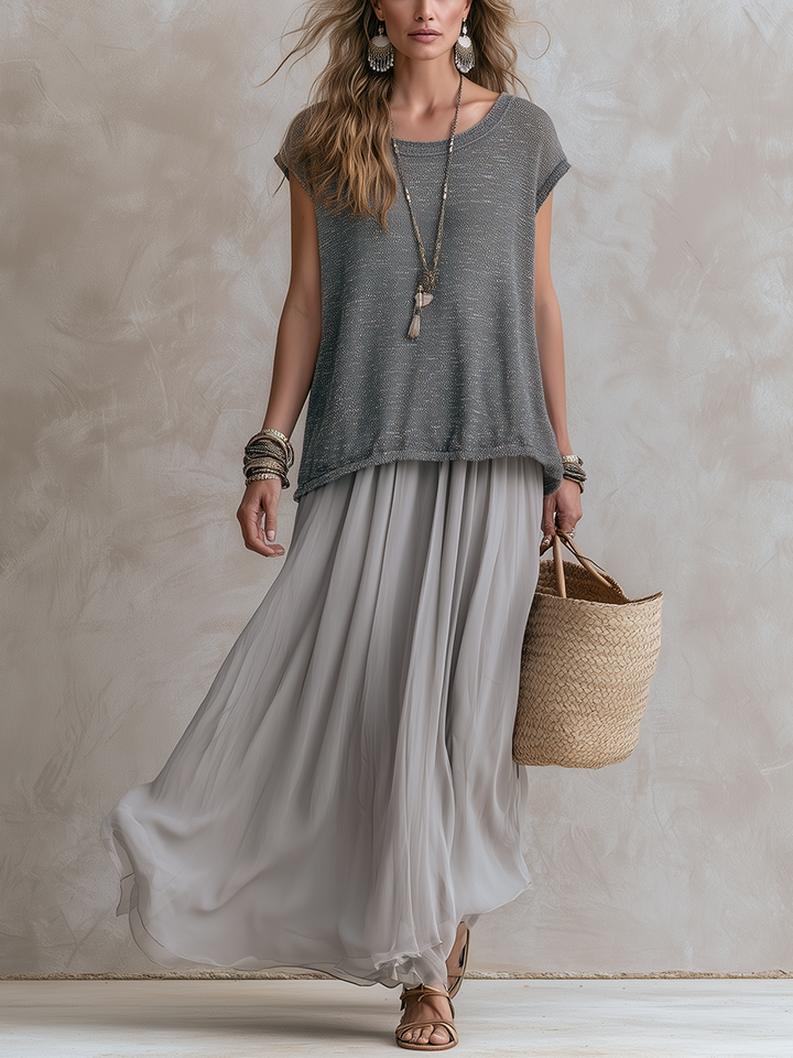 Luna | Gray Knit Top And Chiffon Skirt