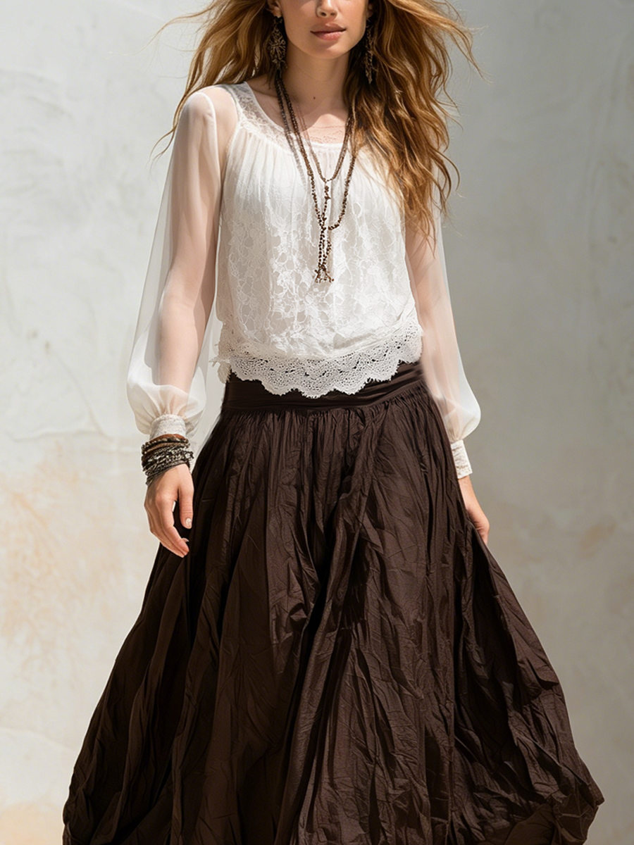 Hazel | Lace Chiffon Top And Brown Skirt