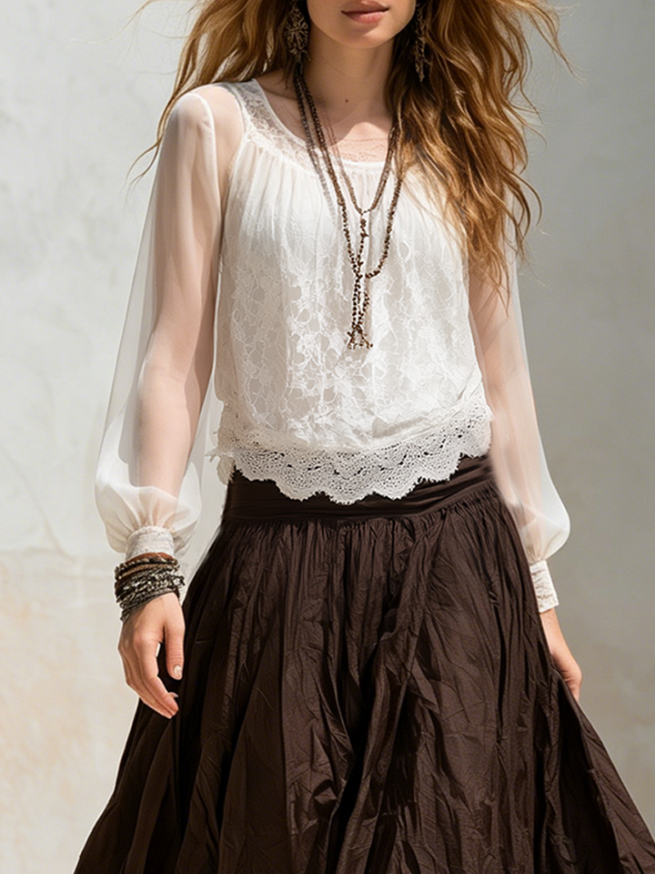Hazel | Lace Chiffon Top And Brown Skirt