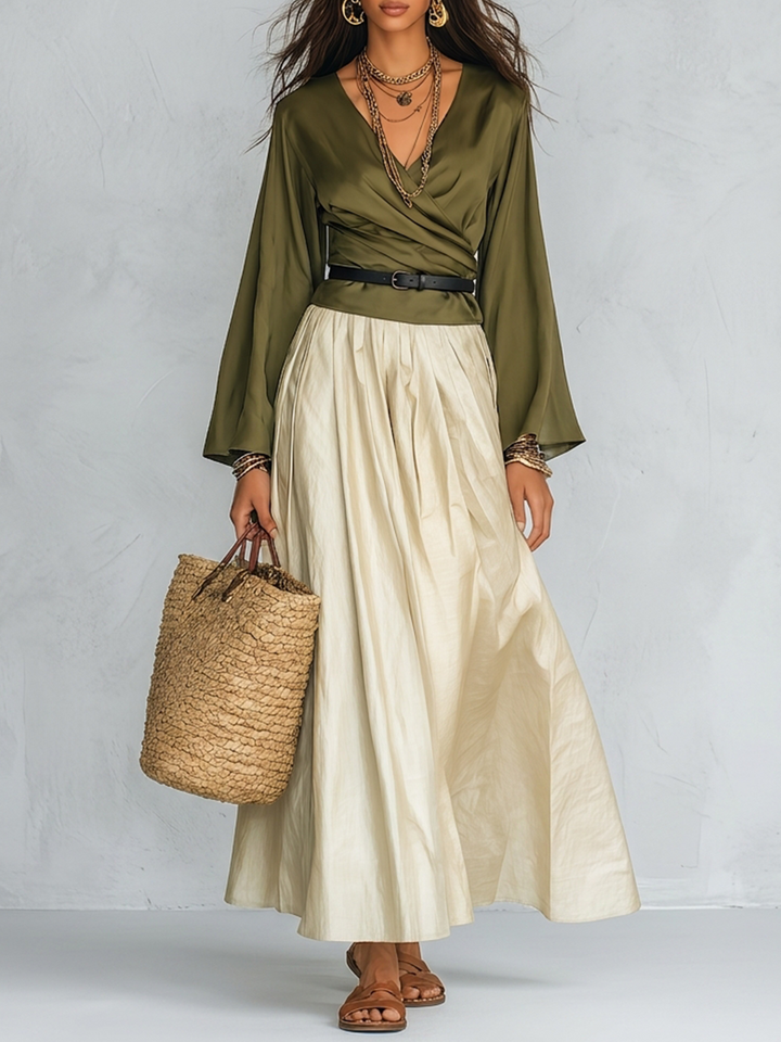 Faye | Olive Wrap Bohemian Maxi Set