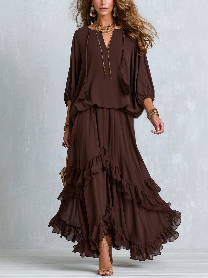 Eden | Style Brown Layered Ruffle Skirt Suit