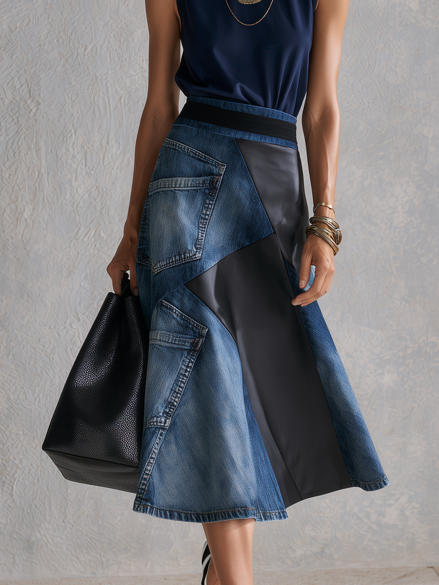 Tabitha | Blue Top Asymmetrical Denim Patchwork Skirt