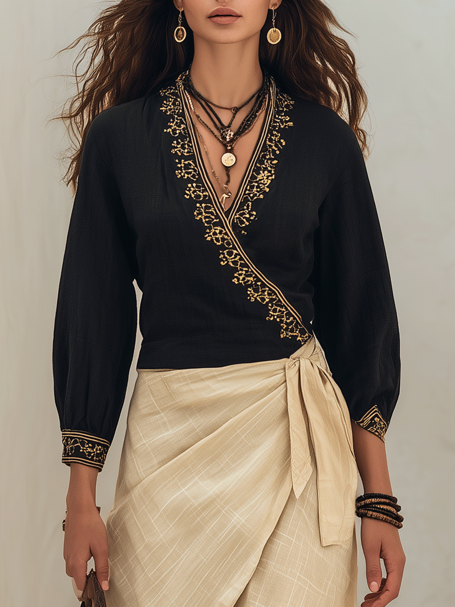 Lavinia | Chic Embroidered Black Top & Linen