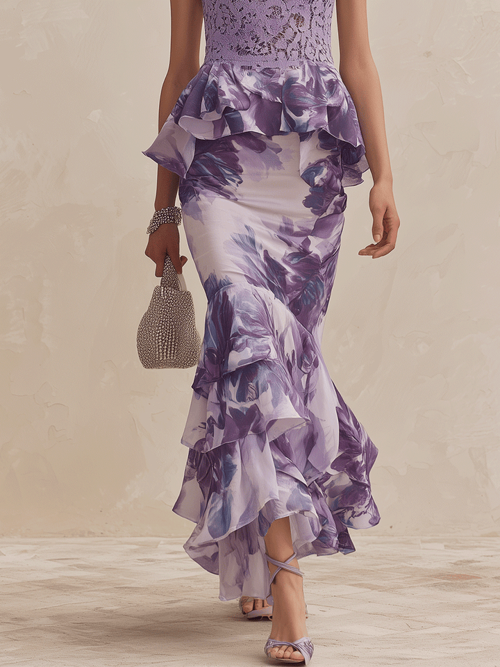 Beatrice | Elegant Lace-Bodice Floral Ruffle Mermaid Lavender