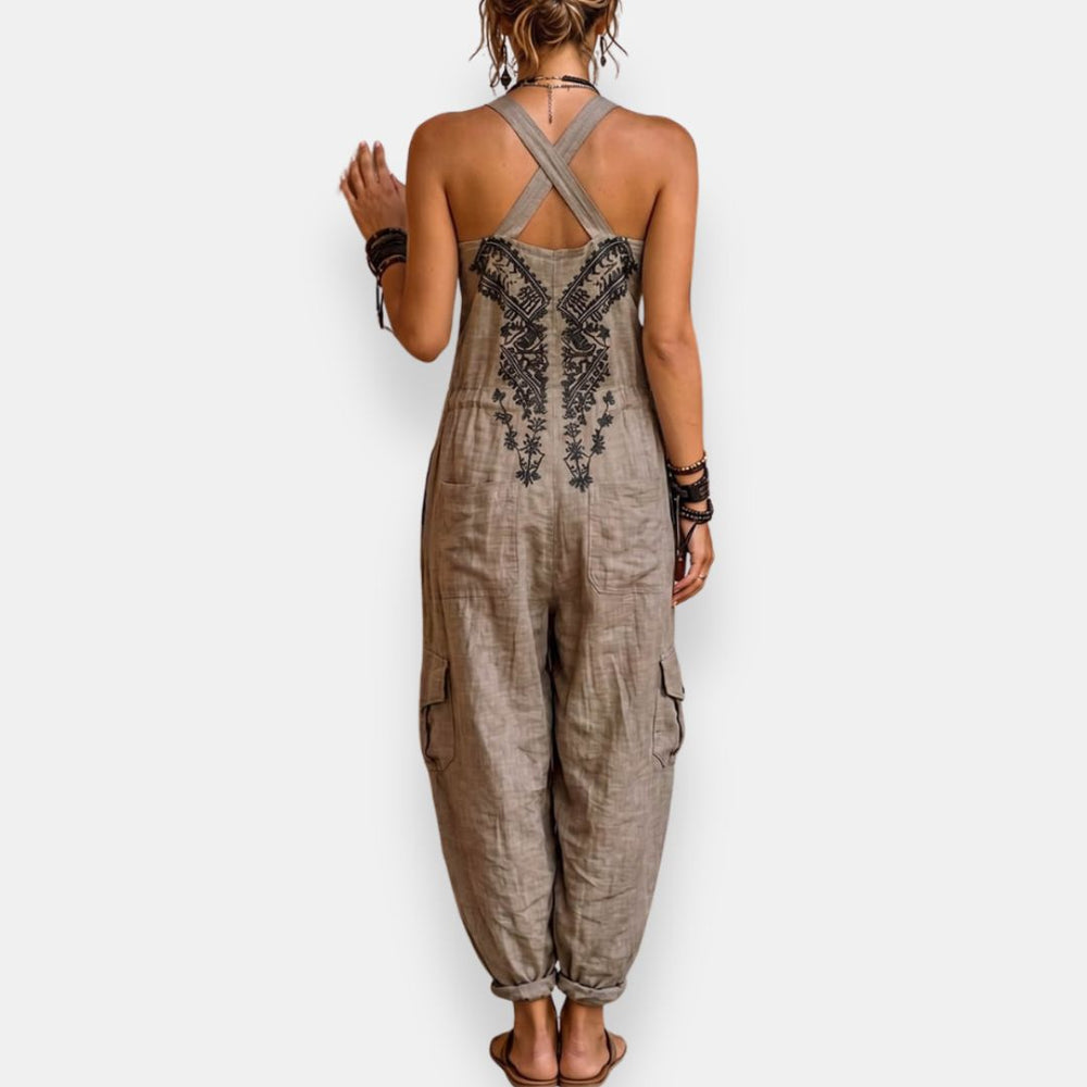 Olivia bohemian jumpsuit with embroidered bodice and patch pockets