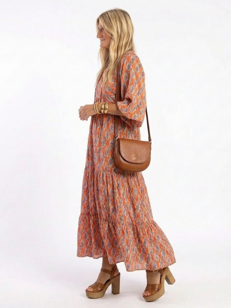 Marisette | Geometric Print V-Neck Tiered Midi Dress