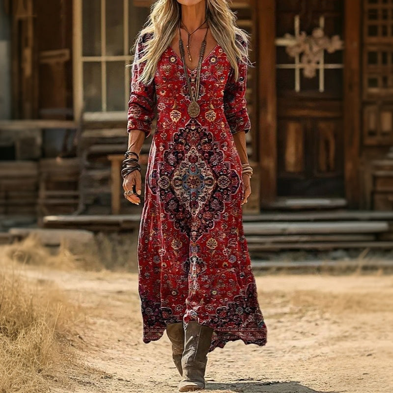 Rosalind | Red Print Long Sleeve Dress