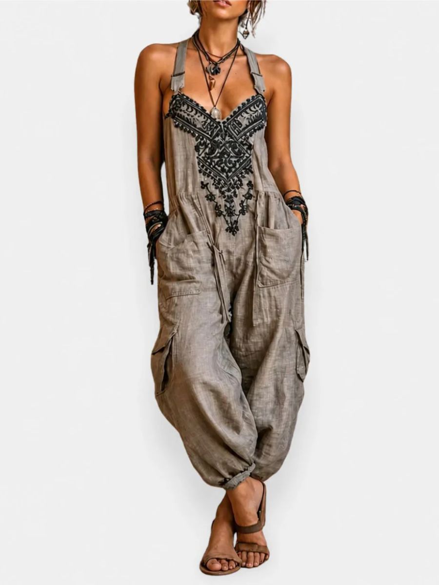 Olivia bohemian jumpsuit with embroidered bodice and patch pockets