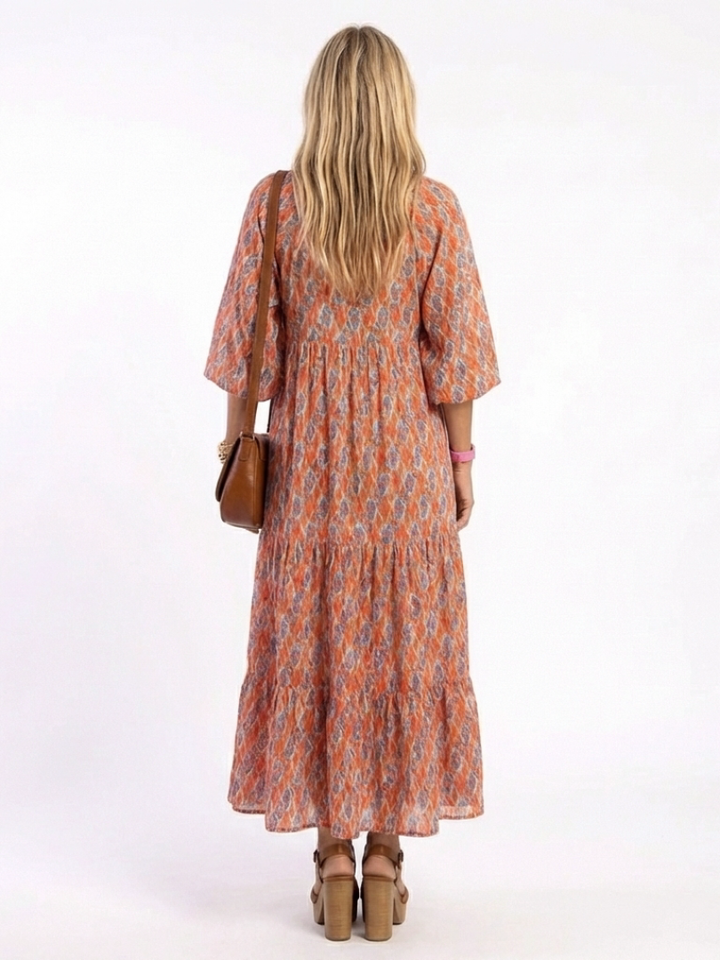 Marisette | Geometric Print V-Neck Tiered Midi Dress