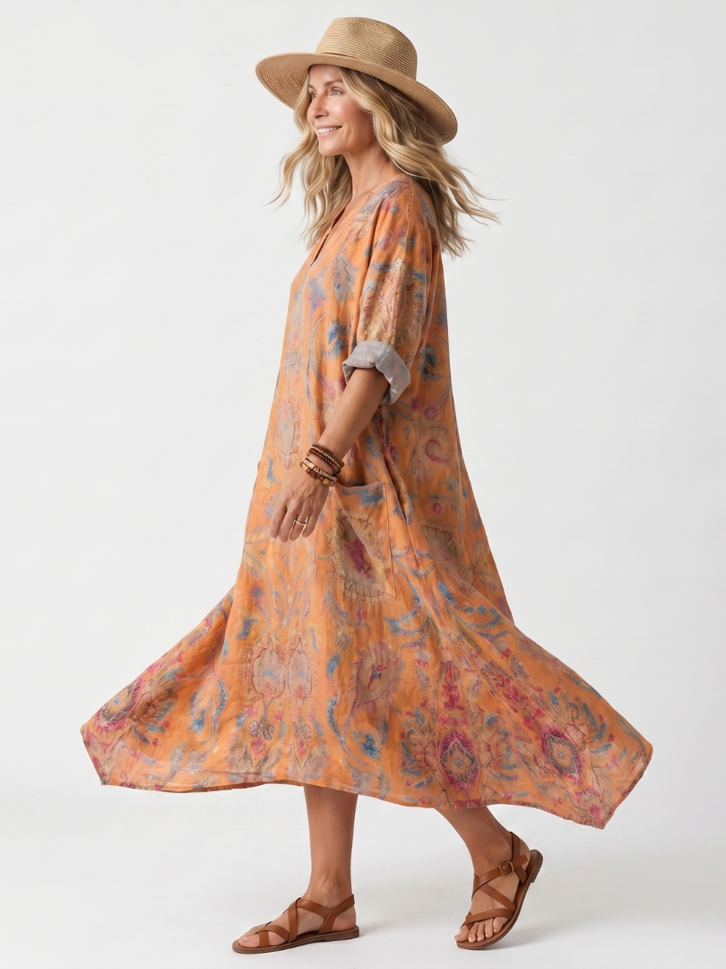 Romy | Notch Neck Printed Oversized Pocket Midi Dress