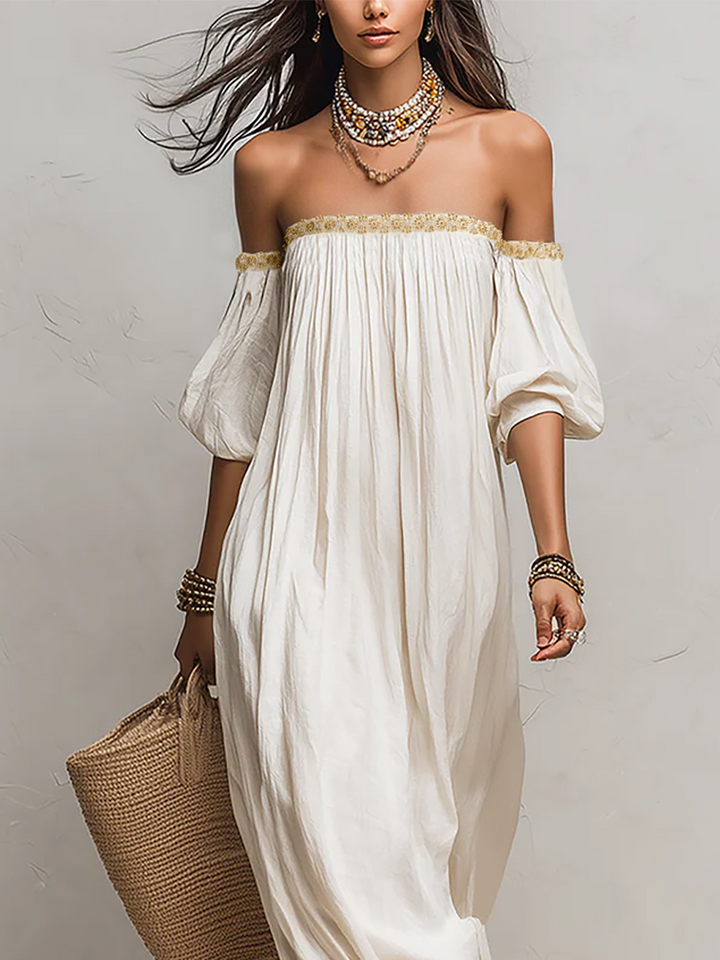 Inez | Pleated Off-Shoulder Maxi Dress