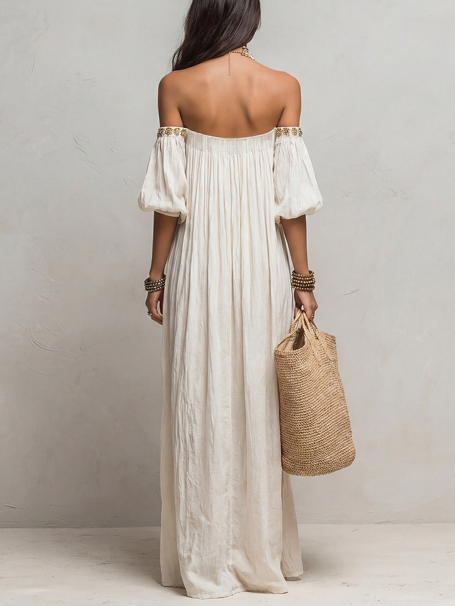 Inez | Pleated Off-Shoulder Maxi Dress