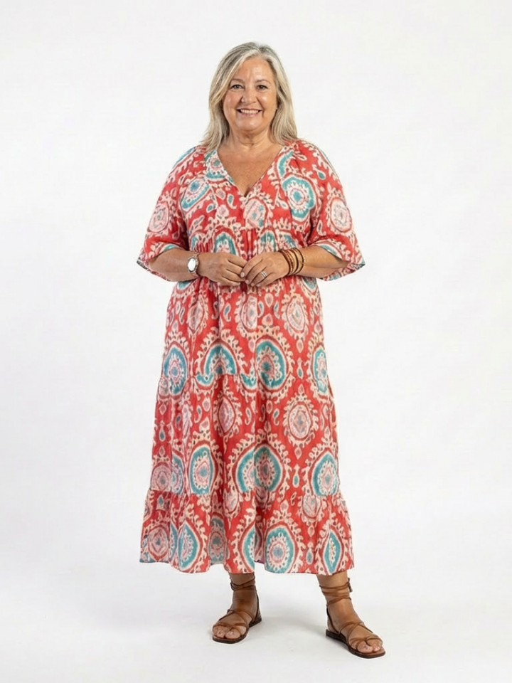 Zaria | Paisley Print V-Neck Short Sleeve Midi Dress