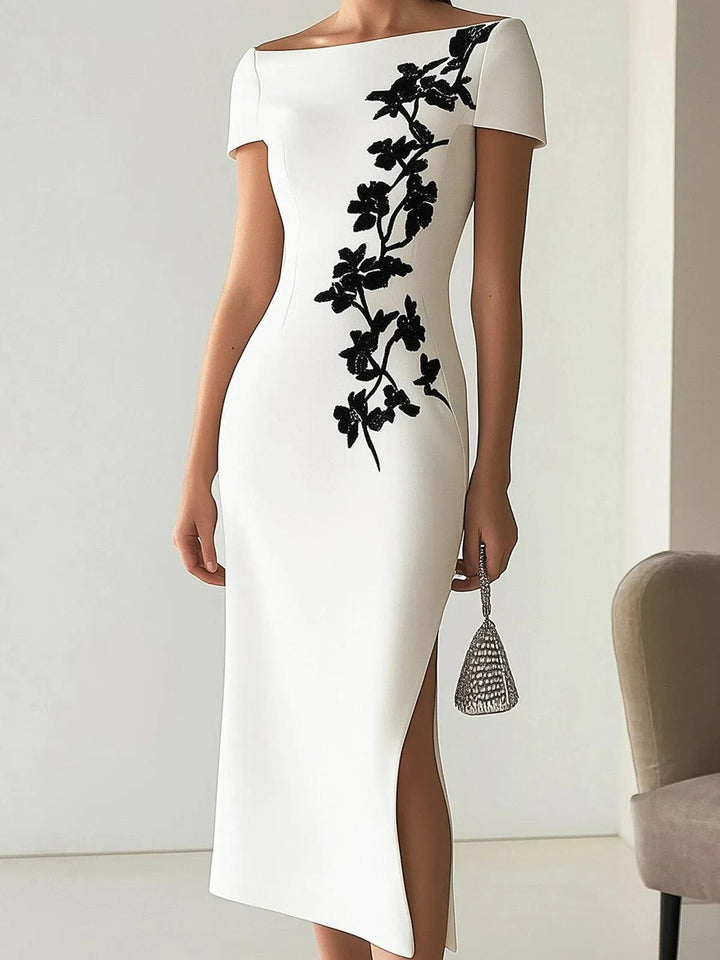 Audrey | Chic Floral Midi Dress, Boat Neckline