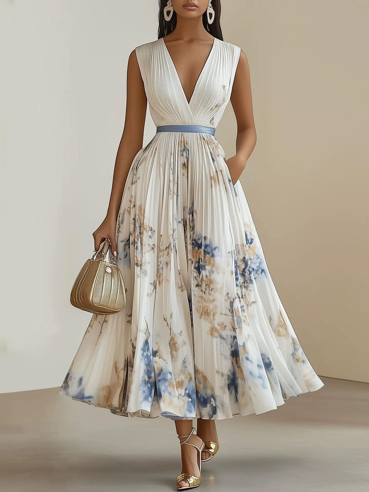Chloe | Pleated Floral Chiffon Midi Dress, White
