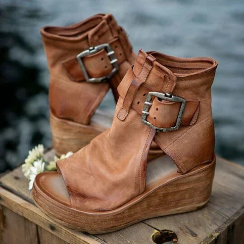 Rue | Open Toe Buckle Ankle Boots