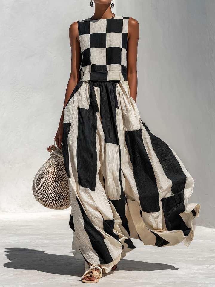 Greta | Black and White Checked Sleeveless Maxi Dress